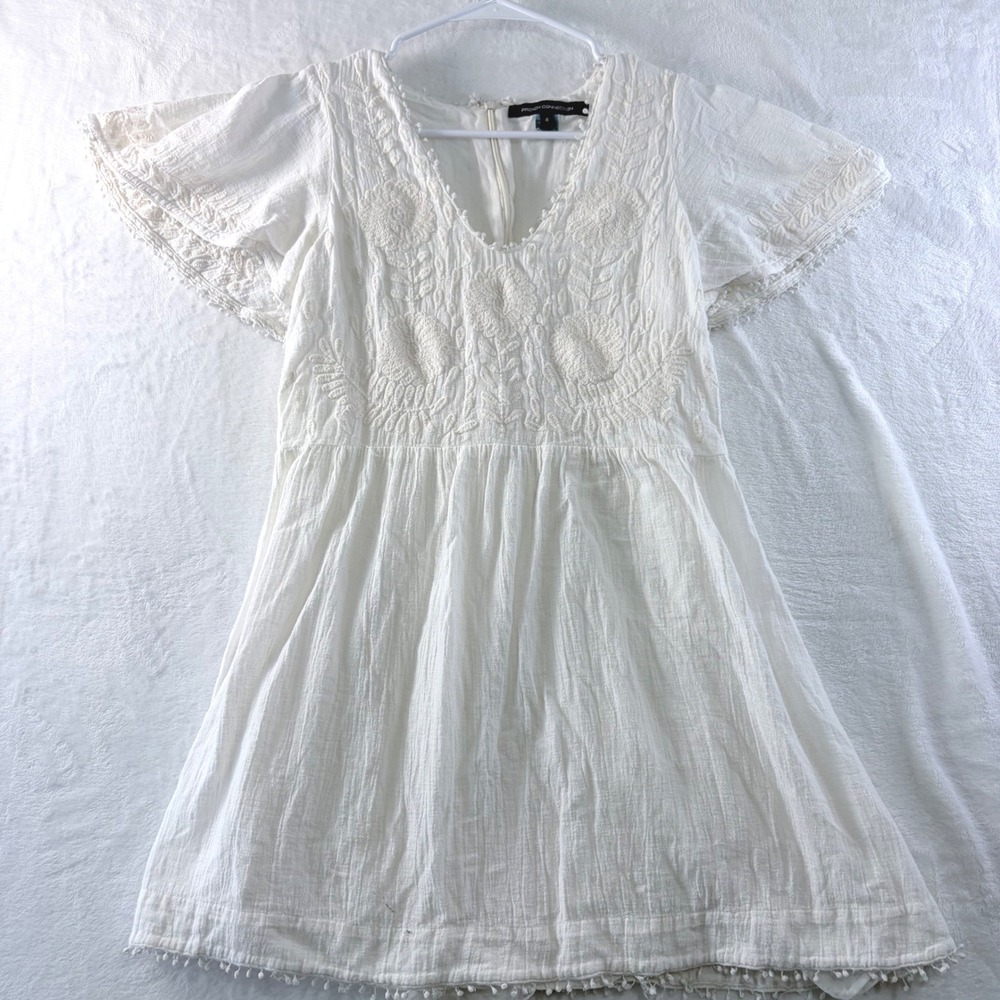 French Connection Dress Embroidered Gauze White Flutter‎ Sleeve Pom Trim Size 4